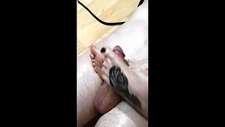 Lady Angela Slow Footjob Close up Foot Tattoo Black Pedicure