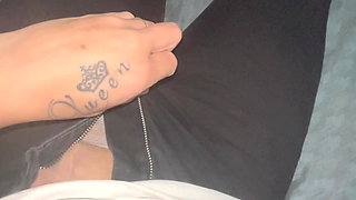 Close-up foot fetish wet tight wet pussy gets satisfied with golden vibrator to intense climax trembling twitching moaning horny