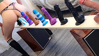 Sexy Plump-assed Babe Rides Different Dildos Put In a Row To Choose the Best One