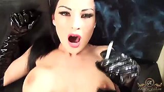 Gorgeous smoker in fishnets and lingerie masturbates then gets fucked HD