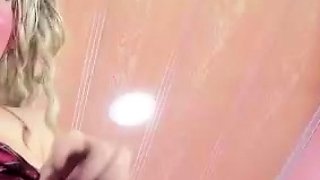 Big tit shemale jerks her long cock