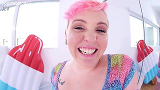 CAROLINE CROSS aka MILEY MAY Cute Cubby Blonde Coed Huge Penis POV Blowjob and Cum Swallow