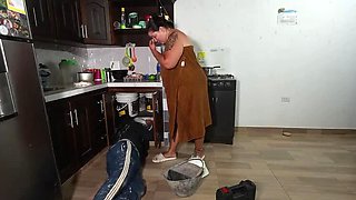 Plumber fucks hot Colombian wife in kitchen rough doggystyle with big ass and deep throat blowjob