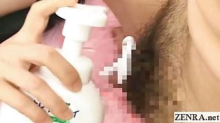 Subtitled CFNM Japanese college student bathes penis