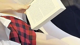 Long Legs Hottest Sexy Blonde in School Uniform Skirt and Over Knee Socks Empties Big Balls of a Big Dick Guy