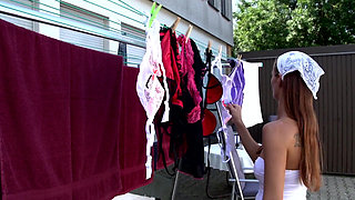 Mature maid gets fucked and sprayed outdoor