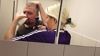 Blonde Sporty MILF Pisses in a Cup Wearing a Sports Jersey, Then Her Man Drinks the Piss