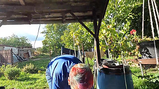 Outdoor Ball Sucking Blowjob with Cum in Mouth in the Garden