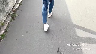 Wetting Her Jeans On The Streets Of Budapest