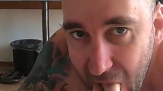 Foot and toe licking and sucking and own cum eating from her foot