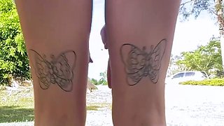 Blonde is flashing her big boobs in the outdoors