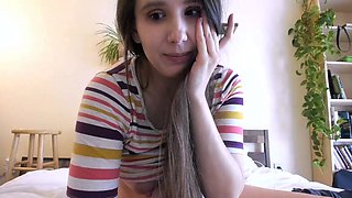 Brunette amateur babe strips off and masturbates