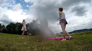 Yoga and Gymnastics Outdoors sans Underpants in College Uniform Mini-Skirt with Steamy Cock-Squeezing Poon Women
