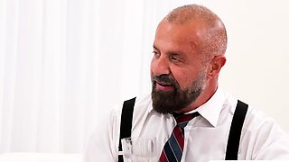 Watch this rich DILFs fucking three Twink waiters