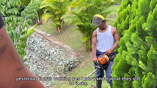 Ebony MILF Carla Morelli seduces her BBC gardener Rioc for a raw outdoor fuck at the mansion