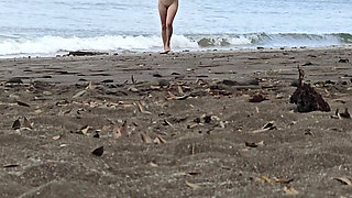 Korean teen walking naked on the beach with perfect tits