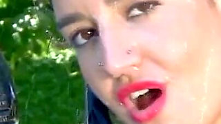 Big ass chick plays with sex toys and gets anally fucked outdoor