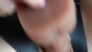 Leather Bondage Babe Sucks & Fucks Big Dildo to Orgasm