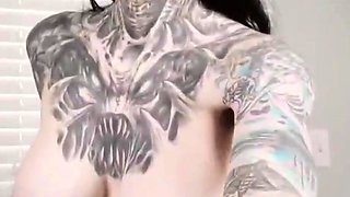 Wet tattooed raven babe Sahron with big boobs masturbates