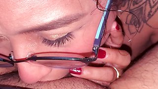Beautiful Mexican gives a very sensual blowjob and receives cum all over her mouth