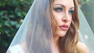 Redhead MILF bride flashes her big boobs