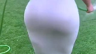 Blonde is flashing her big boobs in the outdoors