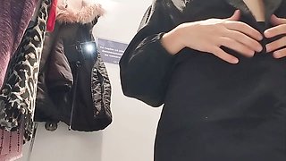 Naughty wifey strips down to try on clothes, dark-haired with a hairy pussy, big tits, and a round ass