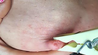 Massive Tits Nipple Play with Pegs