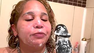 Shower Wet Hair Natural Big Tits Faux BBC Handjob Cumshot Dildoe 10inch Monster Cock Shower