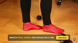 Peeptoe Dangling in Red Stockings & Black Leggings