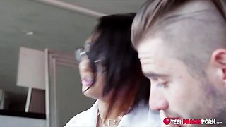 They rub each other, and then Emori takes his dick between her tits