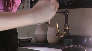 Sexy and Hor Petite Brunette Babe Takes Her Smallest Panties off While Flashing Pussy Lips and Naked Ass Under Her Skirt