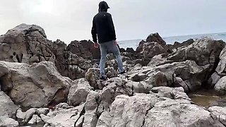 Horny Stranger Catches Me Jerking Off on Beach - Big Tits MILF Gives Handjob & Swallows Cum