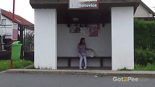 Victoria Daniels begs for a public pissing session at the bus stop