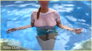 Wifey wet shirt in the pool with perfect braless tits