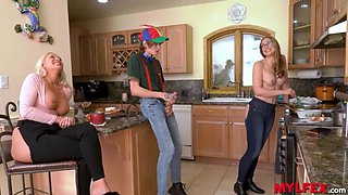 Hot Mom and Step-Aunt Seduced by Spoiled Stepson in Kitchen