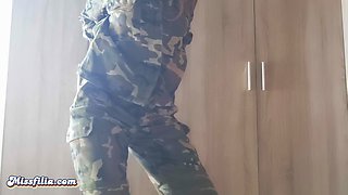 MILF in Military Uniform Striptease Dancing Show Ass Tits and Pussy