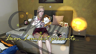Hot and Sexy Big Tits girl gives a handjob full clothed on high heels for making the big cock amateur guy dripping precum
