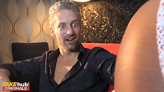 Fakehub - nasty black milf uses her mind-blowing lips and Big Tits and bootie in job interview to seduce chief and jacking his Big Cock