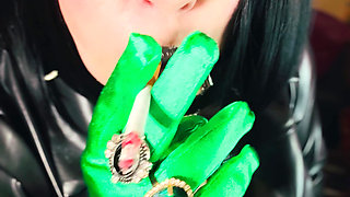 A Gloved Goth Dressed In Leather smokes A Cigarette - Smoking BBW OMI OME Drifting Snap Inhales