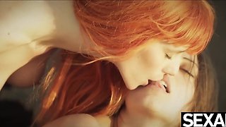 Redhead and beuntte lesbians with perfect bodies have amazing lesbian duo on the beach