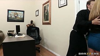 Busty brunette secretary Kiera King seduces her bosses at work