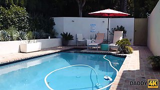 Daddy4k. suspended fellow stretches snatch of son's gf near the swimming pool
