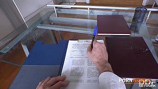 Sexy secretary Frida Sante kneels down to suck your big hard cock in POV