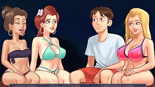 Summertime saga cartoon, beach threesome, fantasy
