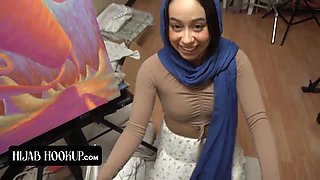 Stepbro nails tight pussy of sexy teen in hijab and cums in her mouth