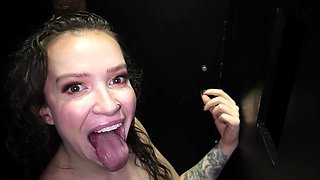 Horny Hazel Paige sucks a cock through a gloryhole, getting face fucked and swallowed.