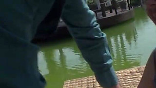 Two gorgeous babes are pleasing dude's big cock outdoors