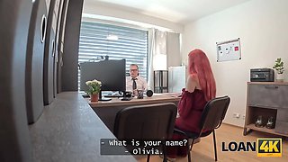 Loan4k. petite red haired whore with Big Tits jumped on a dong in the office