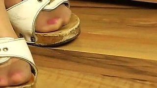 Slow Dangling in Classic Wooden Mules - Barefoot Tease on Hardwood Floor